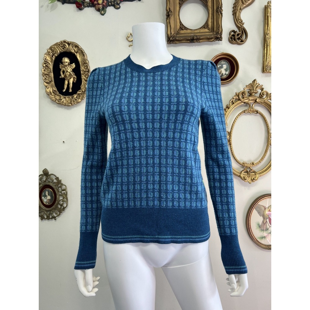 Tory Burch Blue Merino Wool Silk Beetle Bug Print Back Crewneck Sweater Size M